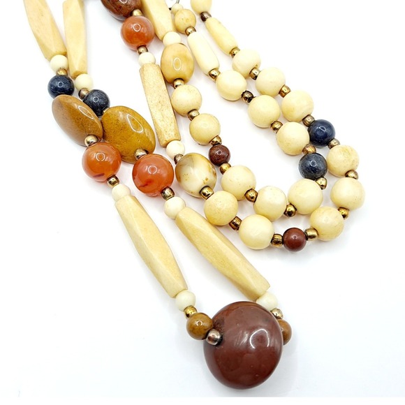 Estate Jewelry - Vintage Beggars Bead Necklace Polished Stone Fall Earth Tones 28"